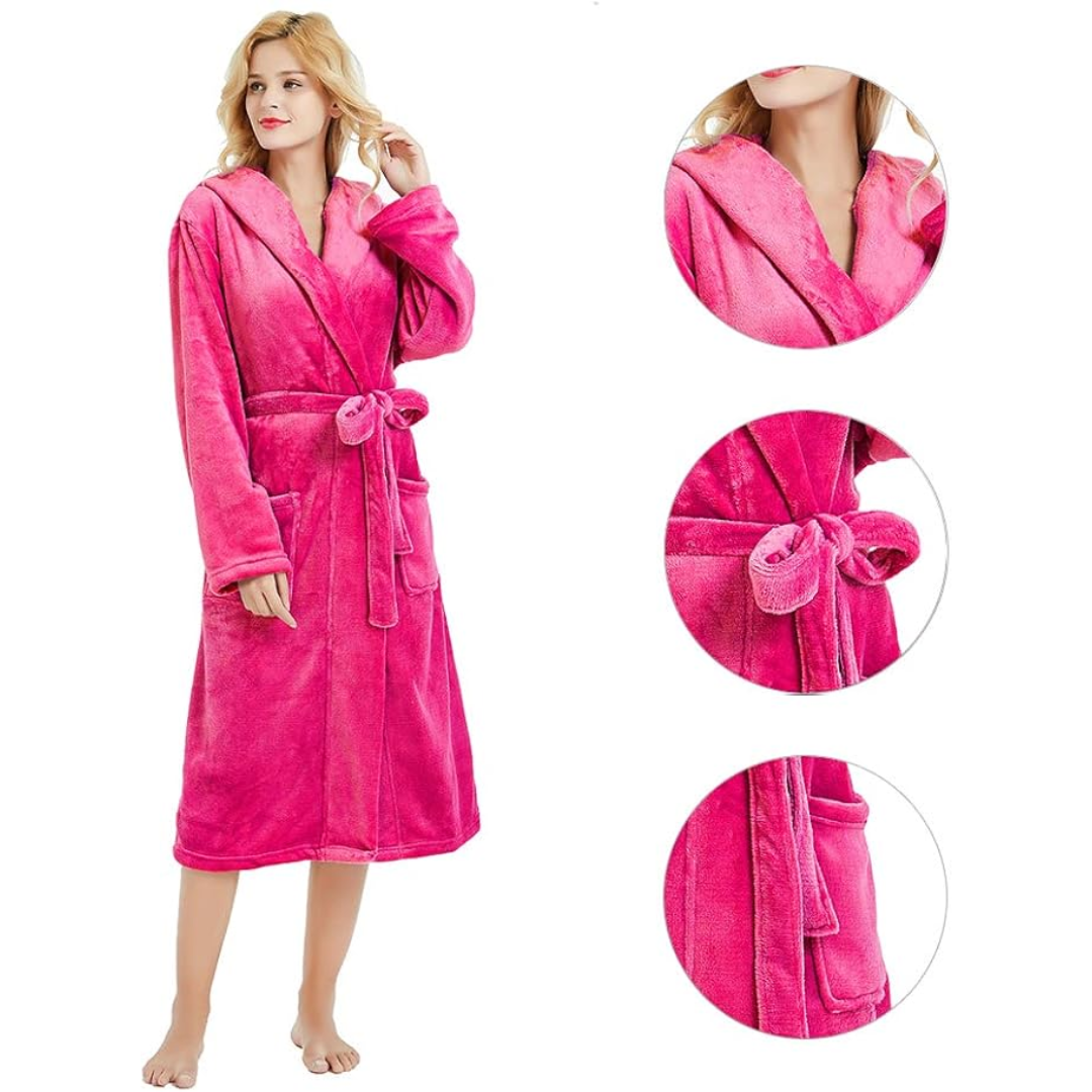 Velvety soft women's full-length hooded robe. Ultimate comfort for loungewear and cozy relaxation.