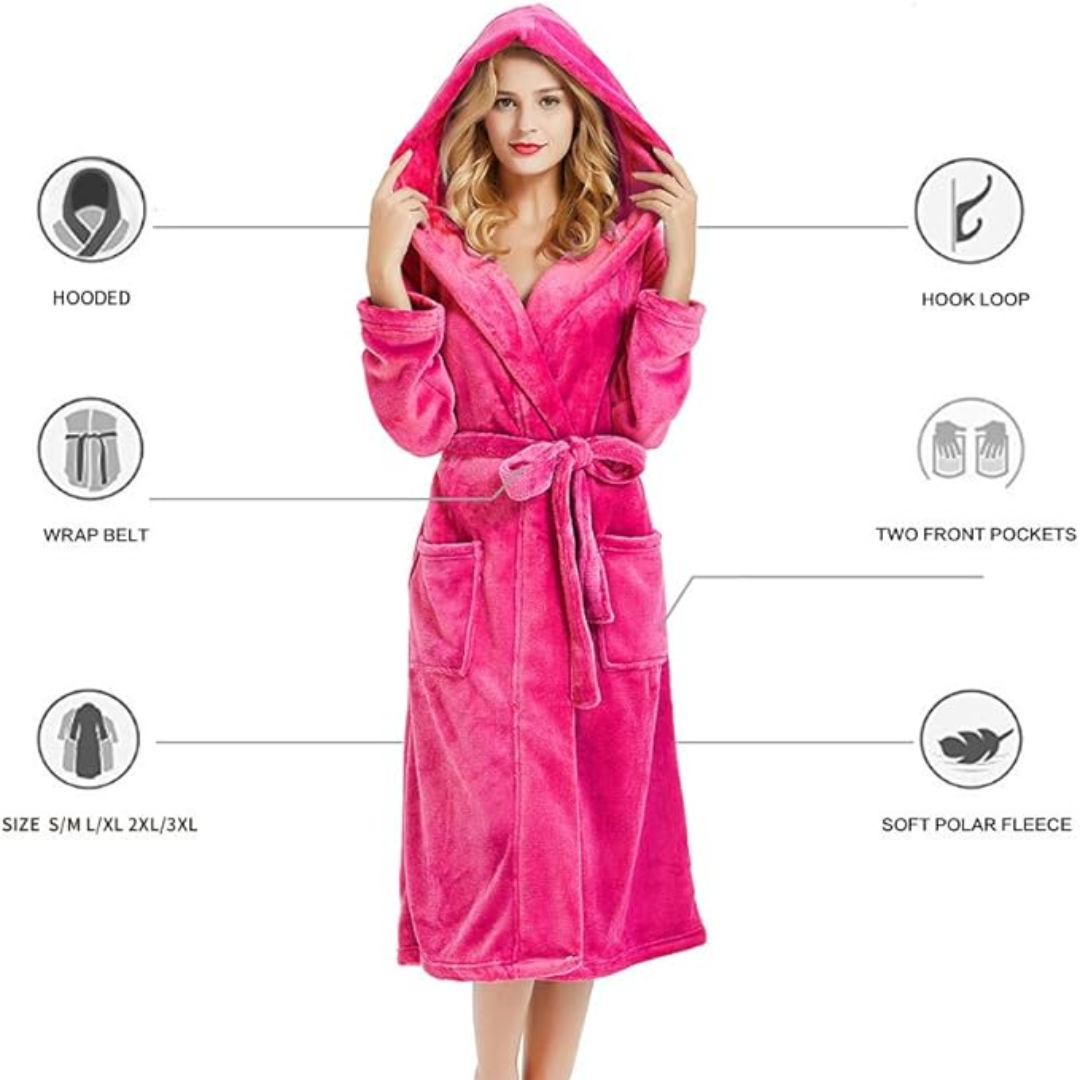 Women's versatile hooded full-length robe, great for lounging or as a cozy bathrobe. Soft sleepwear.