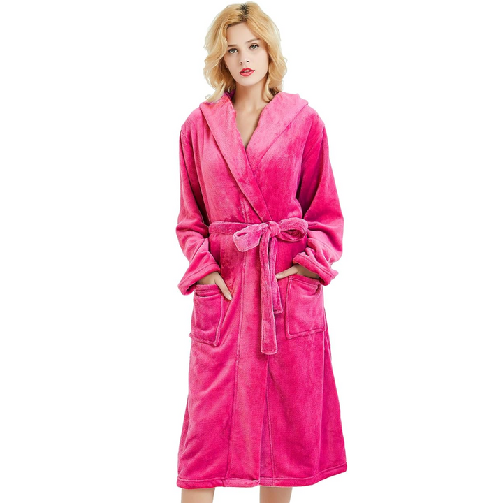 Plush full-length hooded robe for women; soft, cozy loungewear and sleepwear for supreme relaxation.