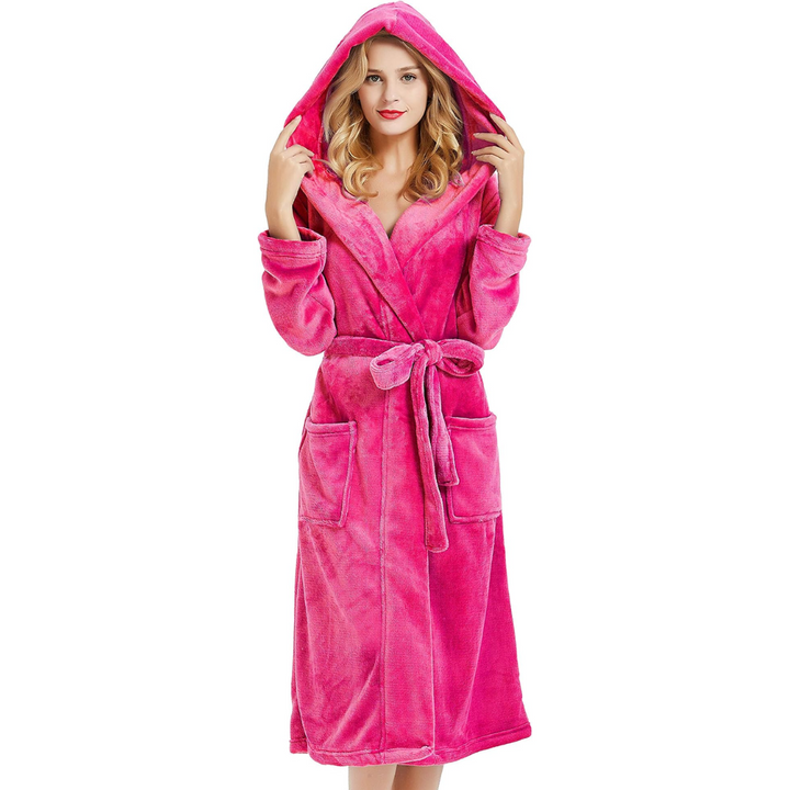 Full-length women's hooded robe, perfect for sleepwear and home comfort. Cozy and soft loungewear.