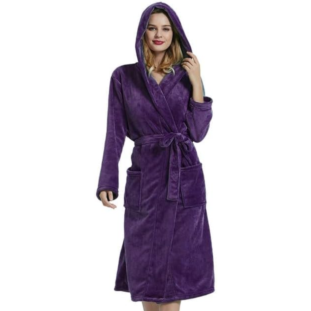 Cozy women's hooded bathrobe with full length for ultimate warmth and comfort. Soft loungewear.
