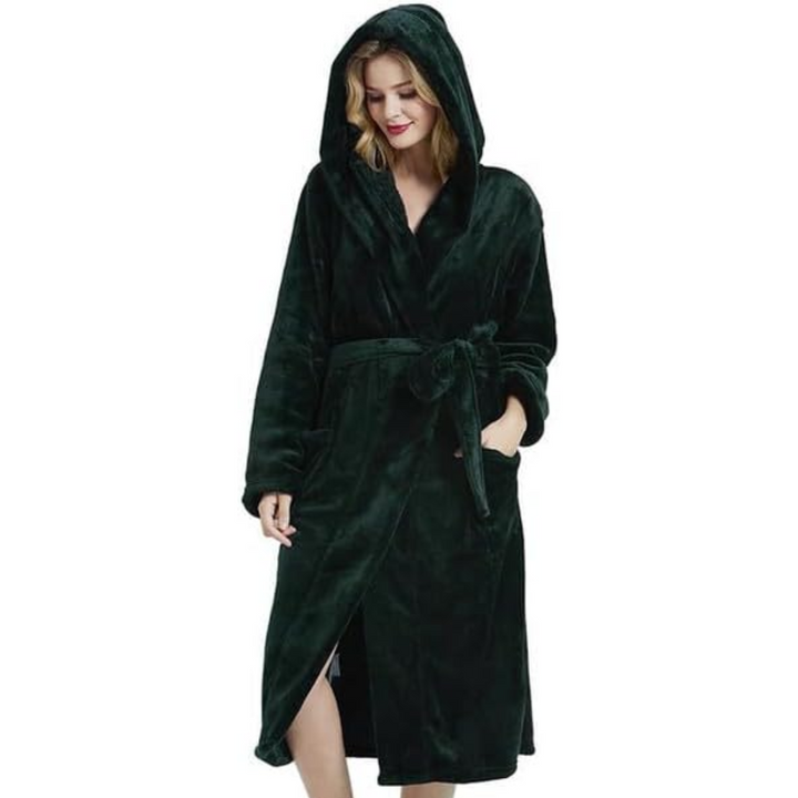 Luxurious full-length hooded robe for women. Soft touch loungewear, perfect for cozy relaxation.