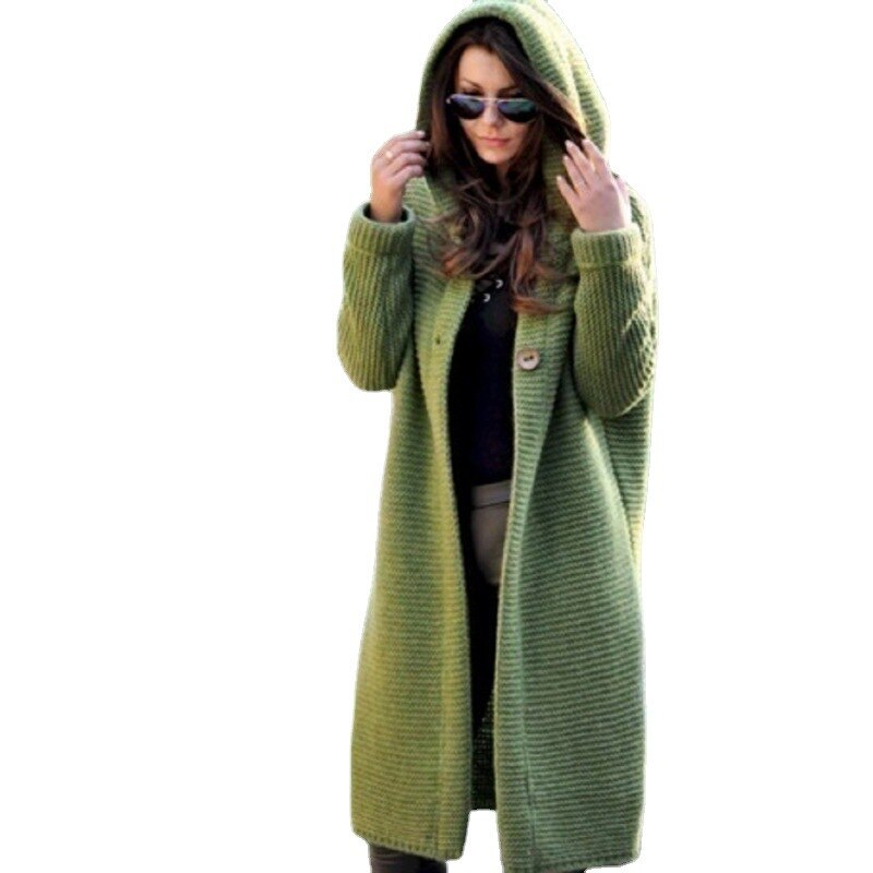 Women's cozy hooded knit cardigan, perfect for stylish fall winter layering. Comfortable casual chic outerwear.