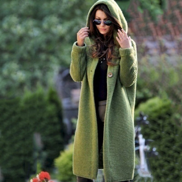 Stylish women's hooded knit cardigan. Effortless layering piece for fall winter, offering casual chic and cozy comfort.