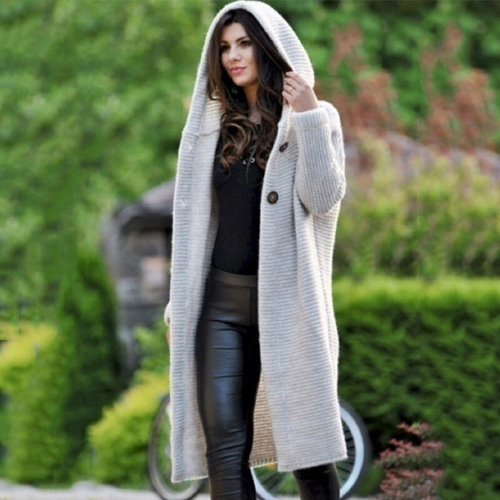 Casual chic women's hooded knit cardigan. Cozy fall winter outerwear, a comfortable longline sweater for stylish layering.