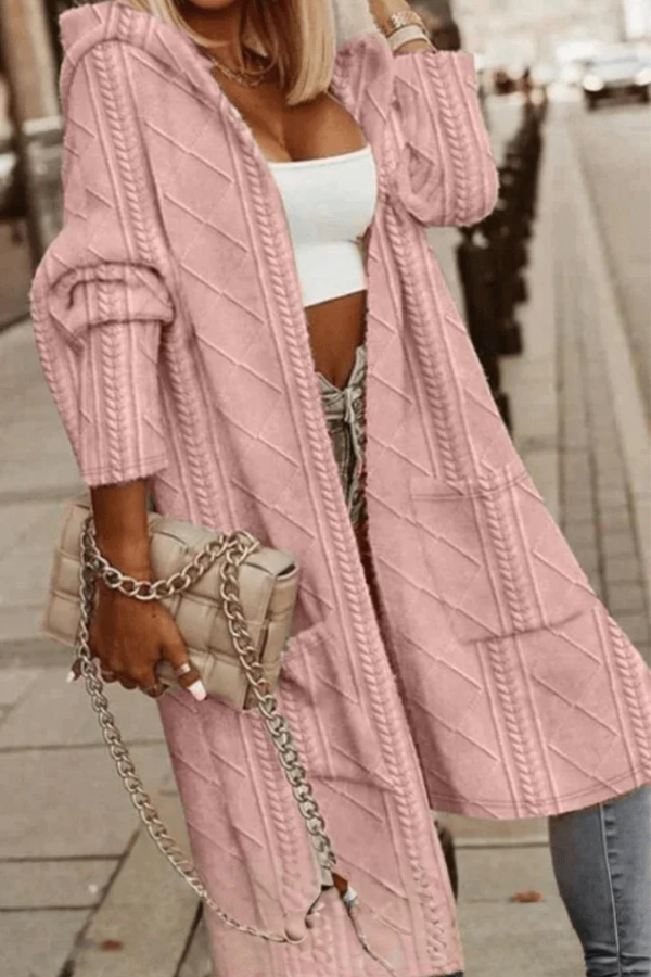 Stylish women's hooded cardigan sweater, ideal for fall fashion, casual wear & comfortable lounge.