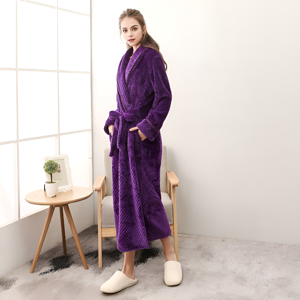 Soft plush women's hooded robe for luxurious comfort, ideal loungewear after a long day.