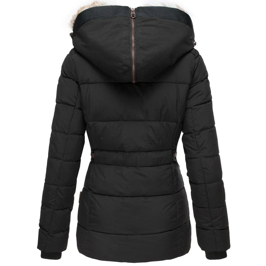 Black women's insulated winter coat. Cozy, warm outerwear for extreme cold. Essential winter fashion.