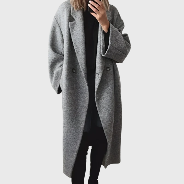 Women's cozy longline overcoat in a neutral shade, perfect for elegant winter and fall fashion. Stylish & warm midi coat.