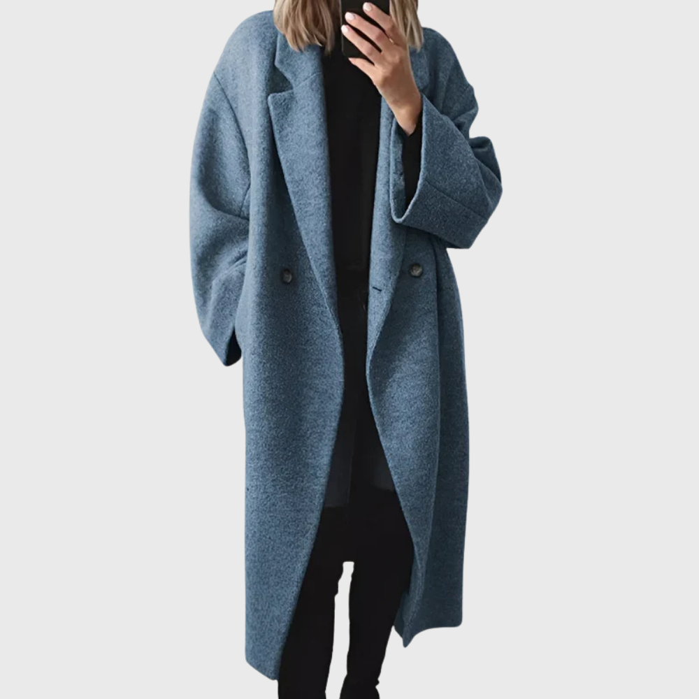 Stylish women's brown longline overcoat, a cozy and warm fall/winter essential. Effortless elegance in a midi jacket.