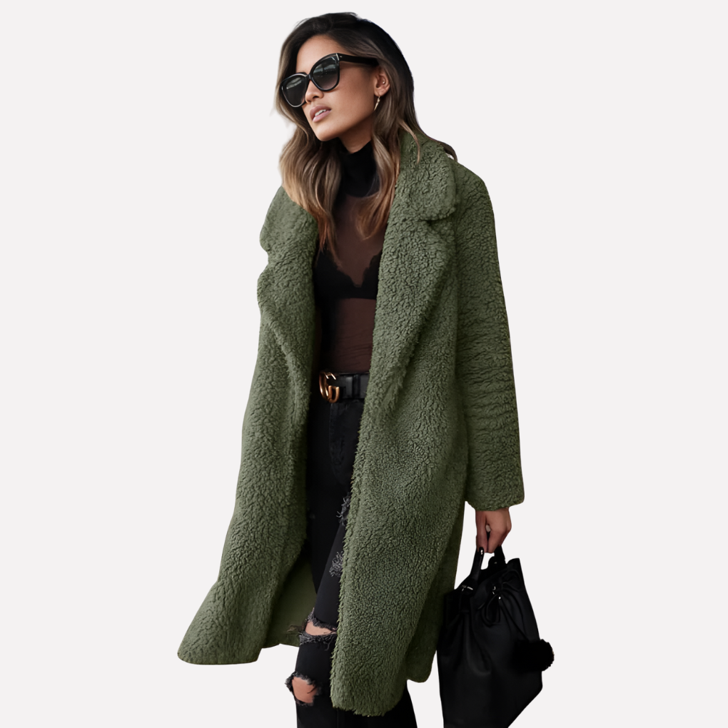 Women's cozy longline teddy coat, perfect for winter. Soft oversized outerwear with a chic notched collar.