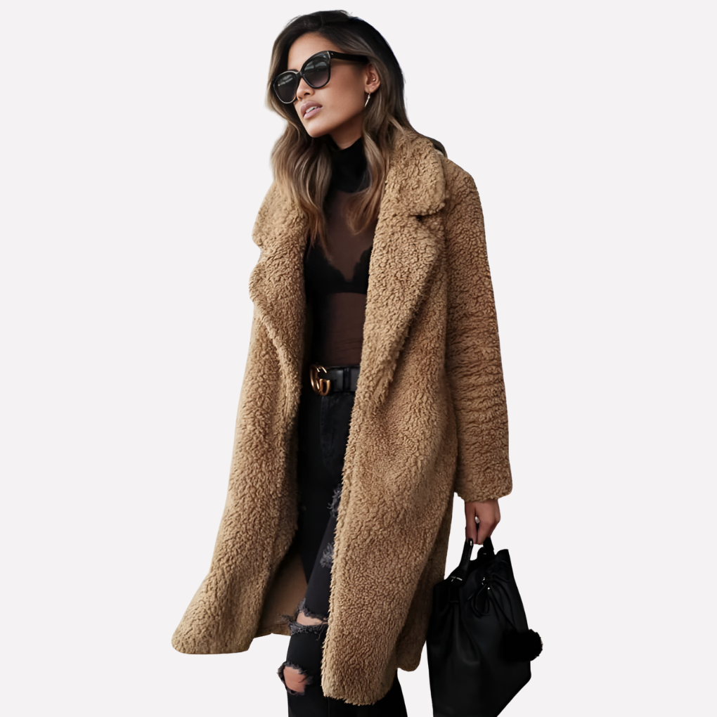 Oversized cozy teddy coat for women. Longline design with a stylish notched collar, great for fall outerwear.