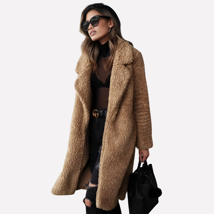 Oversized cozy teddy coat for women. Longline design with a stylish notched collar, great for fall outerwear.