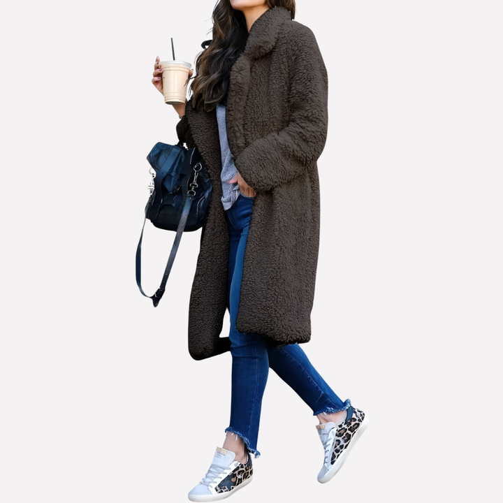 Stylish women's teddy longline coat. Warm, oversized outerwear with a soft texture & elegant notched collar.