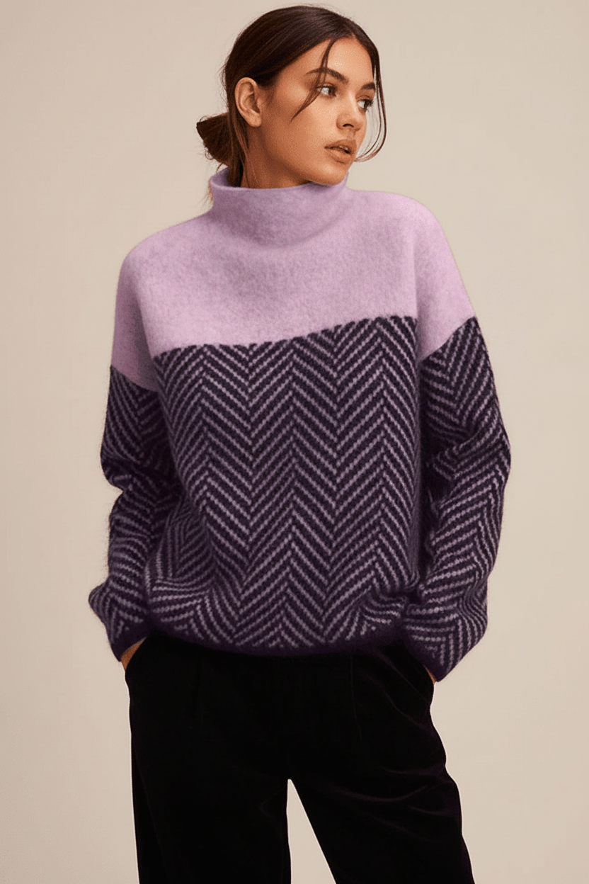 Stylish women's stand-up collar knit top. Textured, relaxed-fit long-sleeve pullover sweater for warmth.
