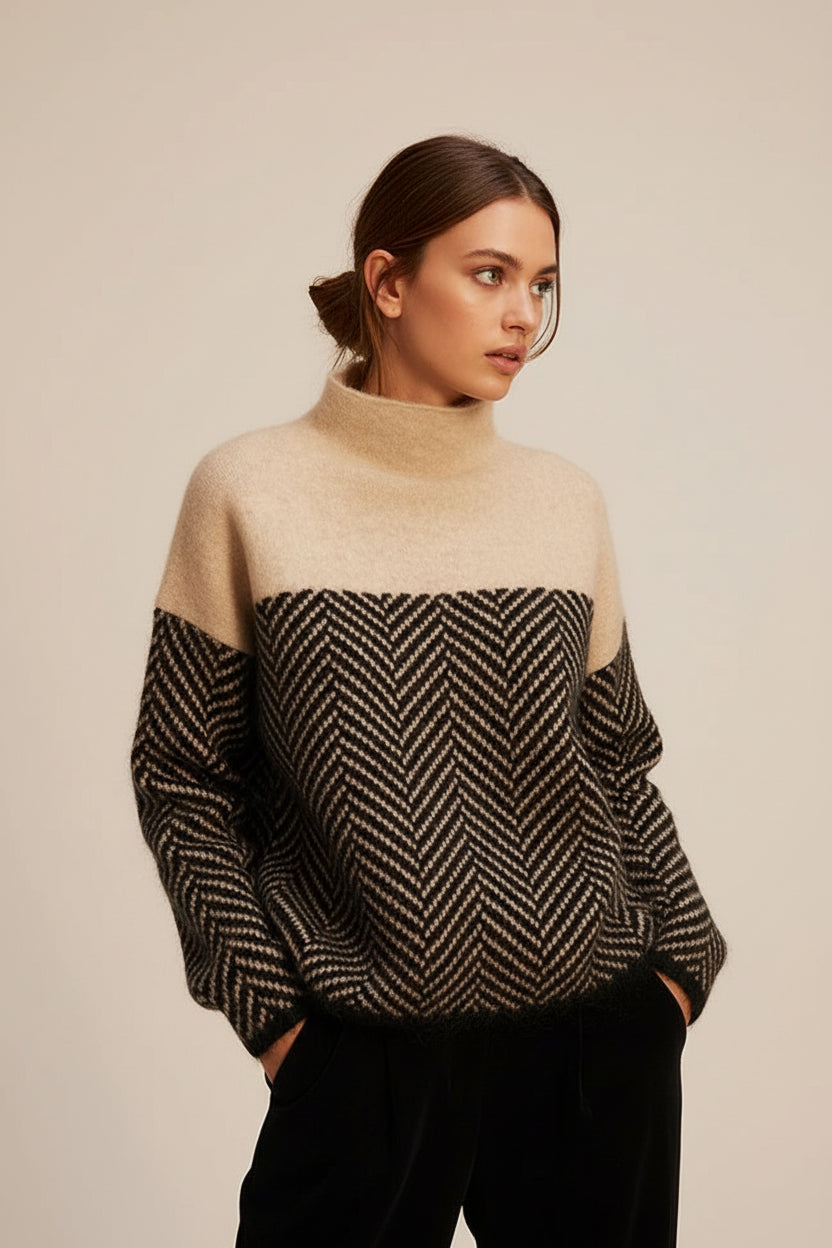 Relaxed fit women's textured knit sweater. Cozy stand-up collar jumper, perfect for comfortable fall style.
