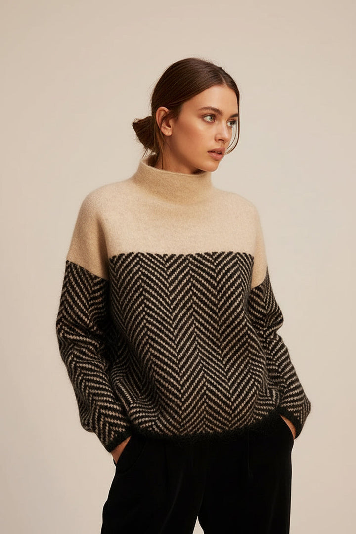 Relaxed fit women's textured knit sweater. Cozy stand-up collar jumper, perfect for comfortable fall style.
