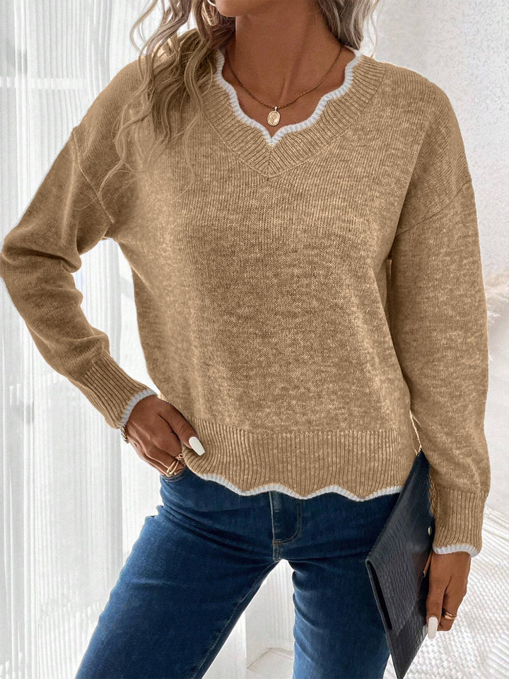 Brown women's notch V-neck sweatshirt, knit style, relaxed fit.
