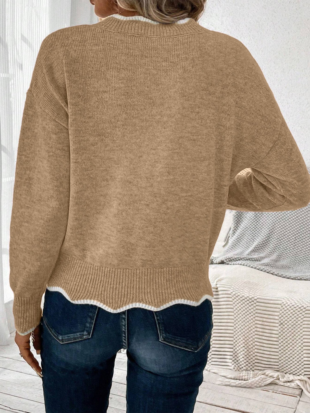 Khaki relaxed fit women's knit sweatshirt, everyday style.