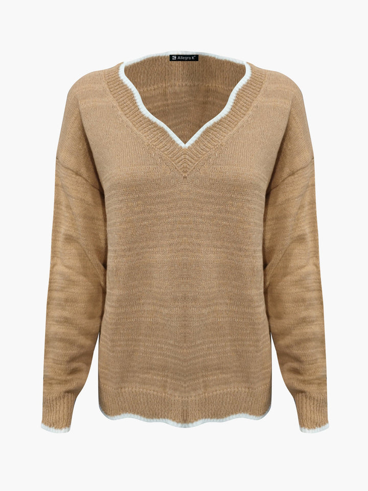 Green women's casual notch V-neck pullover, cozy and stylish.