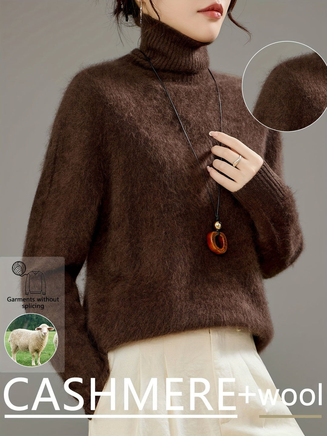 Comfortable oversized women's sweater with a high turtleneck, ideal for relaxed winter outfits.