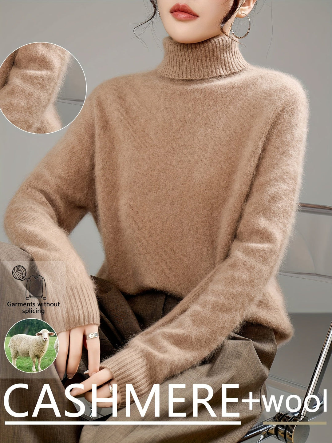 Soft knit oversized women's turtleneck, a versatile piece for elegant or casual winter fashion.