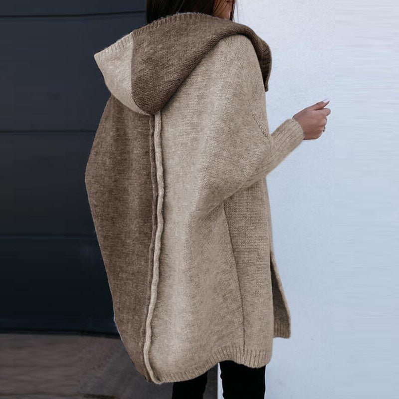 Effortless style: Women's hooded patchwork cardigan, perfect knitwear for cozy fall fashion layering.