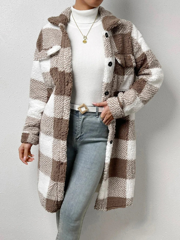 Women's cozy plaid longline jacket with stand collar, ideal for casual fall and winter warmth.