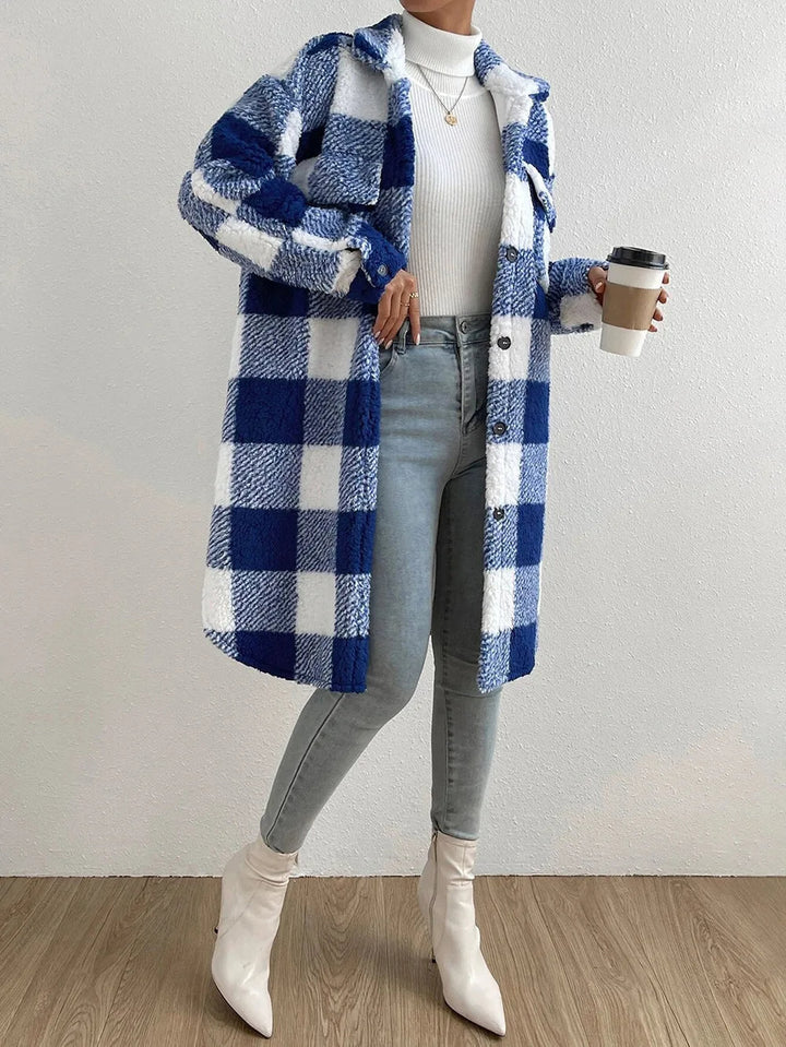 Chic women's plaid longline jacket in soft fabric. Ideal casual outerwear for fall & winter comfort.