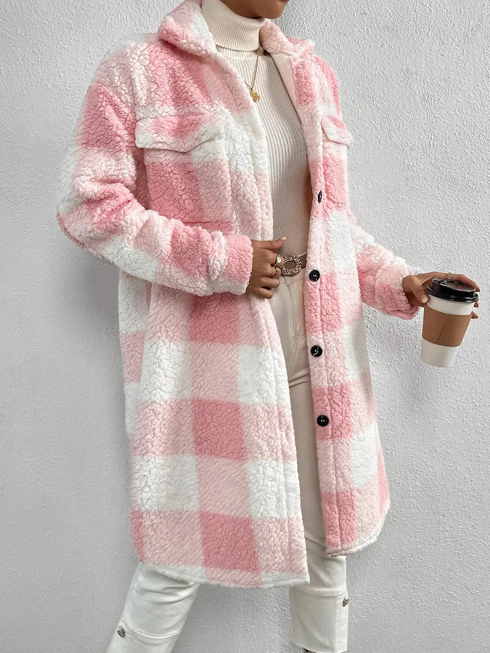 Stylish women's cozy plaid longline jacket. Perfect for layering in fall & winter fashion.