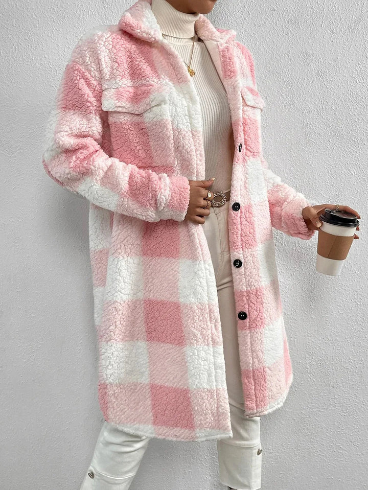 Stylish women's cozy plaid longline jacket. Perfect for layering in fall & winter fashion.