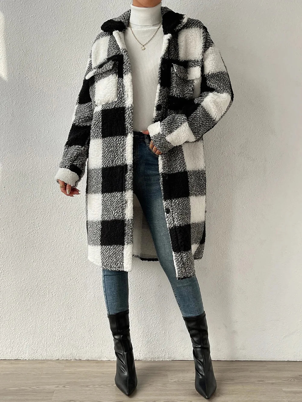 Plaid longline jacket for women. Comfortable, casual outerwear with stand collar for winter style.