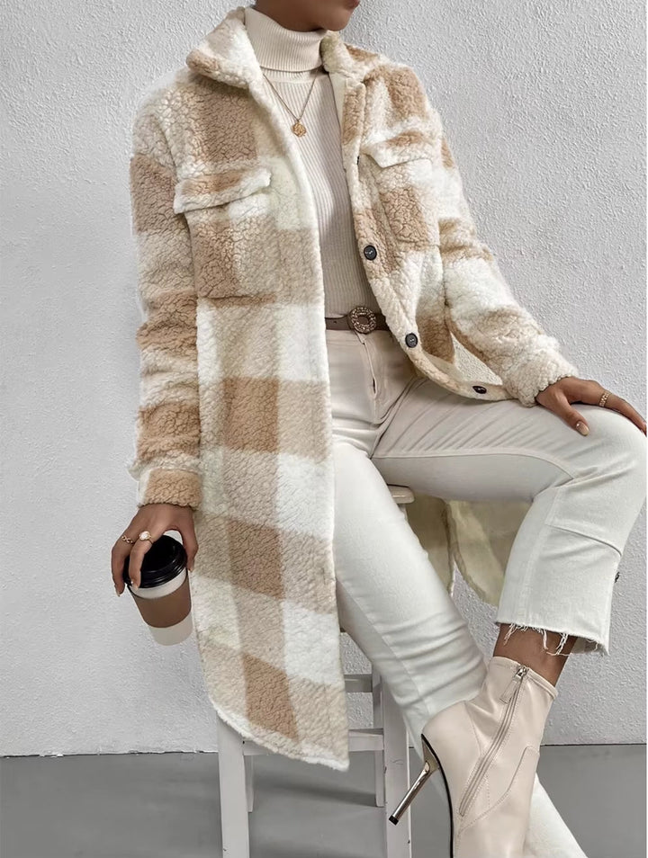 Comfortable women's plaid longline jacket, a stylish addition to fall & winter casual outfits.