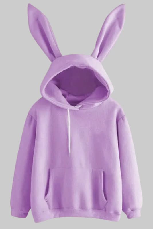 Front view: Women's playful rabbit ear hoodie, a cozy long sleeve pullover for casual comfort.