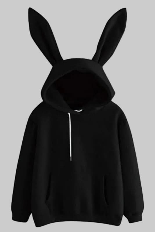 Detail of rabbit ears on a women's cozy hoodie, a warm long sleeve pullover for playful loungewear.
