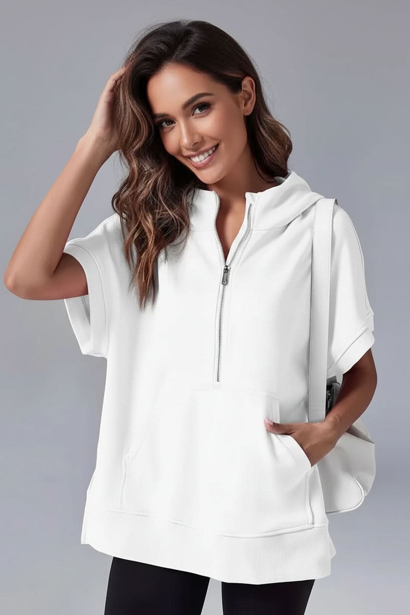 Women's short sleeve half-zip hoodie with a relaxed fit. Versatile, comfortable pullover for daily wear.