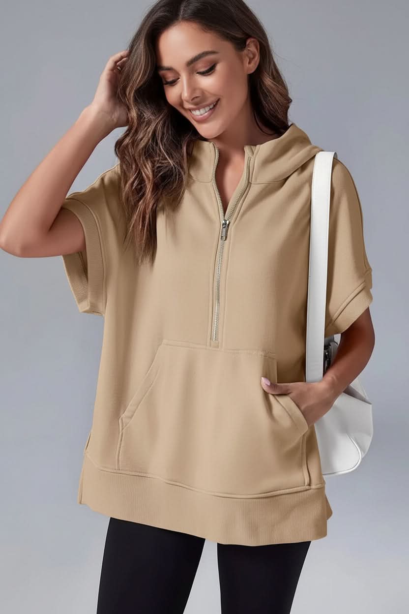Cozy women's relaxed fit short sleeve hoodie. Comfortable half-zip pullover, great for loungewear & athleisure.