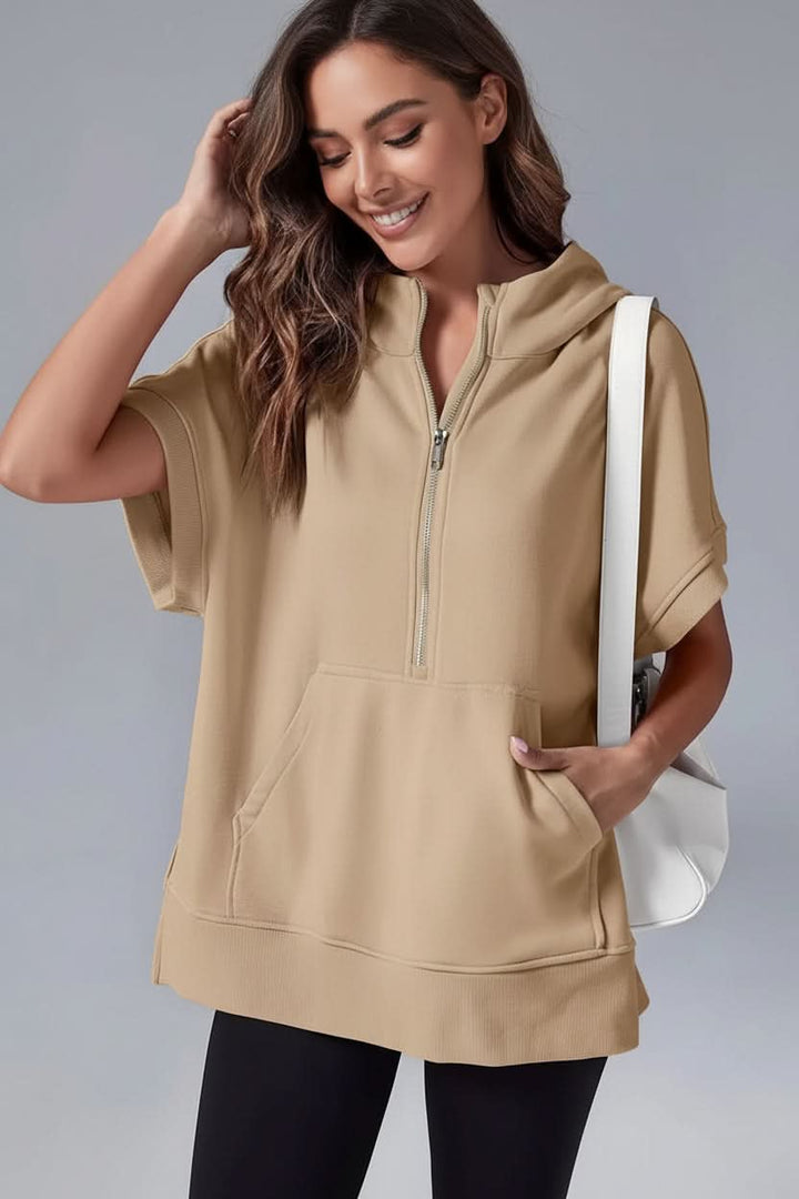Cozy women's relaxed fit short sleeve hoodie. Comfortable half-zip pullover, great for loungewear & athleisure.