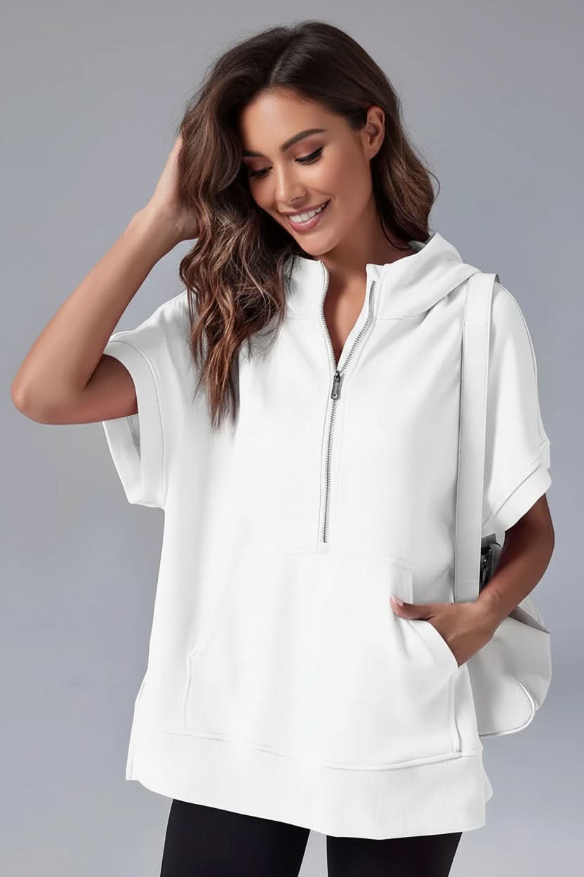 Women's casual short sleeve half-zip hoodie. Relaxed fit pullover, perfect blend of comfort and athleisure style.