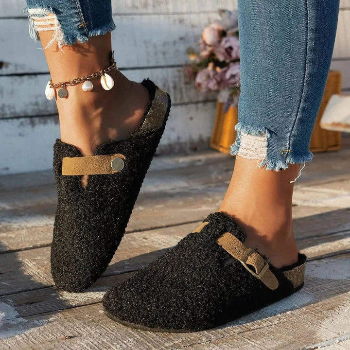 Fashionable women's slip-on mules; a casual, cozy choice for winter home comfort & lounge wear.