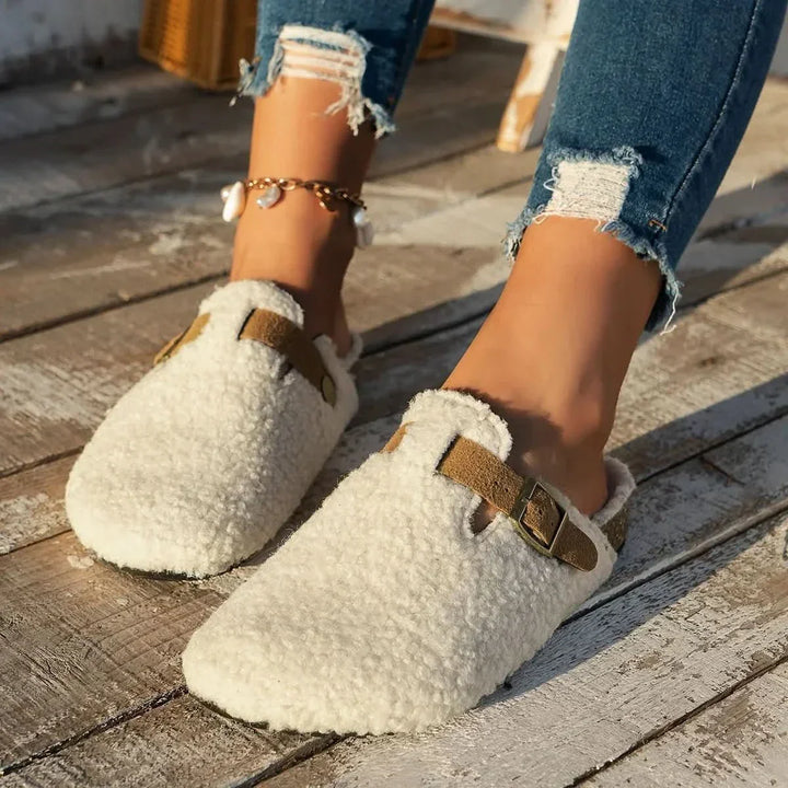 Anti-slip women's cozy slip-on mules; provides secure winter warmth & comfort for indoor and home use.