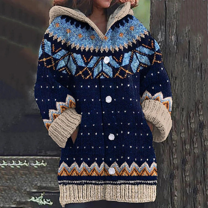 Oversized blue & orange multicolor women's cardigan. Soft knitwear for warm, casual winter fashion.