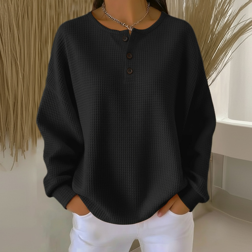 Versatile women's long sleeve waffle sweater, relaxed fit pullover for effortless casual and winter style.
