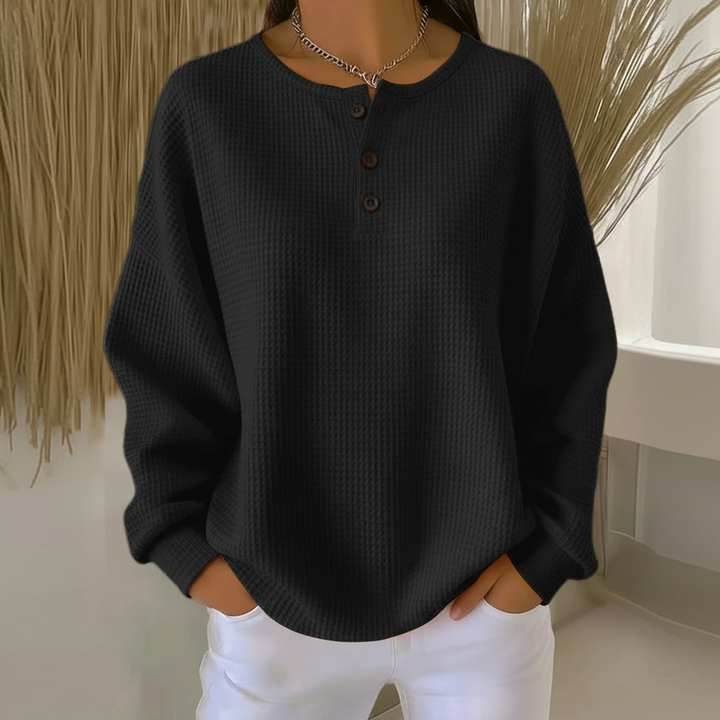 Versatile women's long sleeve waffle sweater, relaxed fit pullover for effortless casual and winter style.