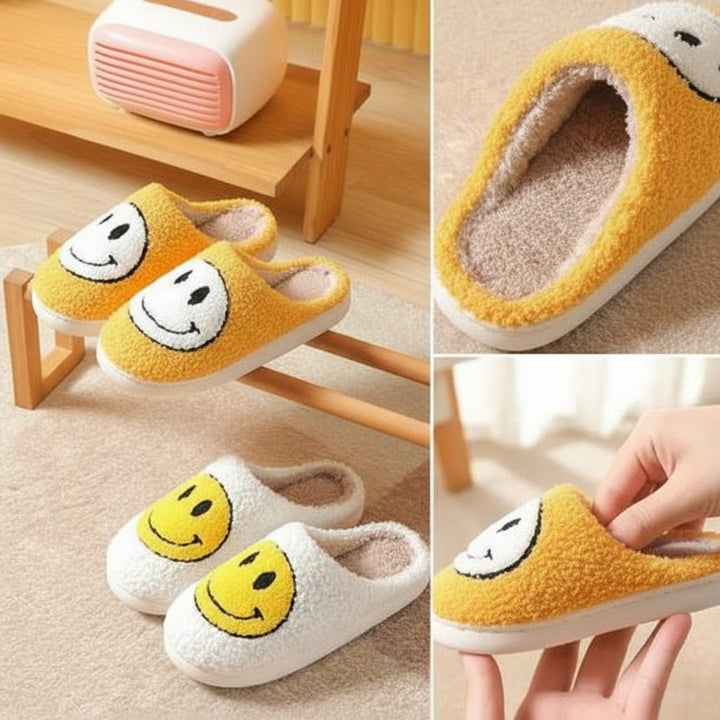 Giftable women's cozy winter smiley slippers, warm plush house shoes with a thick sole for ultimate comfort.