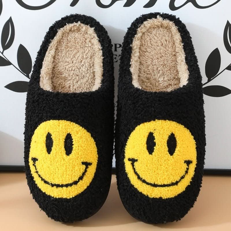 Women's warm smiley winter slippers, cozy house shoes with a thick sole for plush indoor comfort.