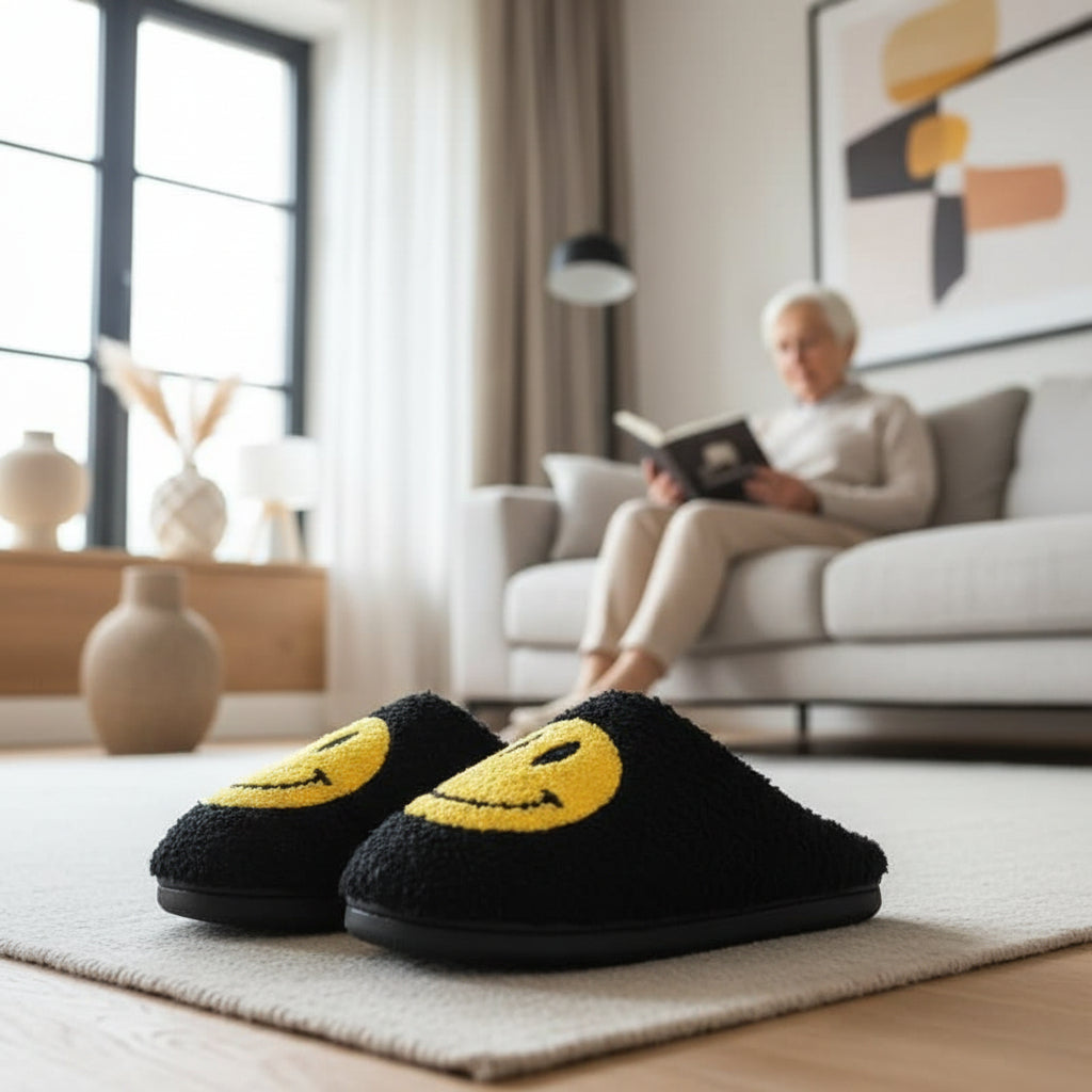 Cute women's smiley face winter slippers, super soft & warm house shoes with a comfy thick sole.