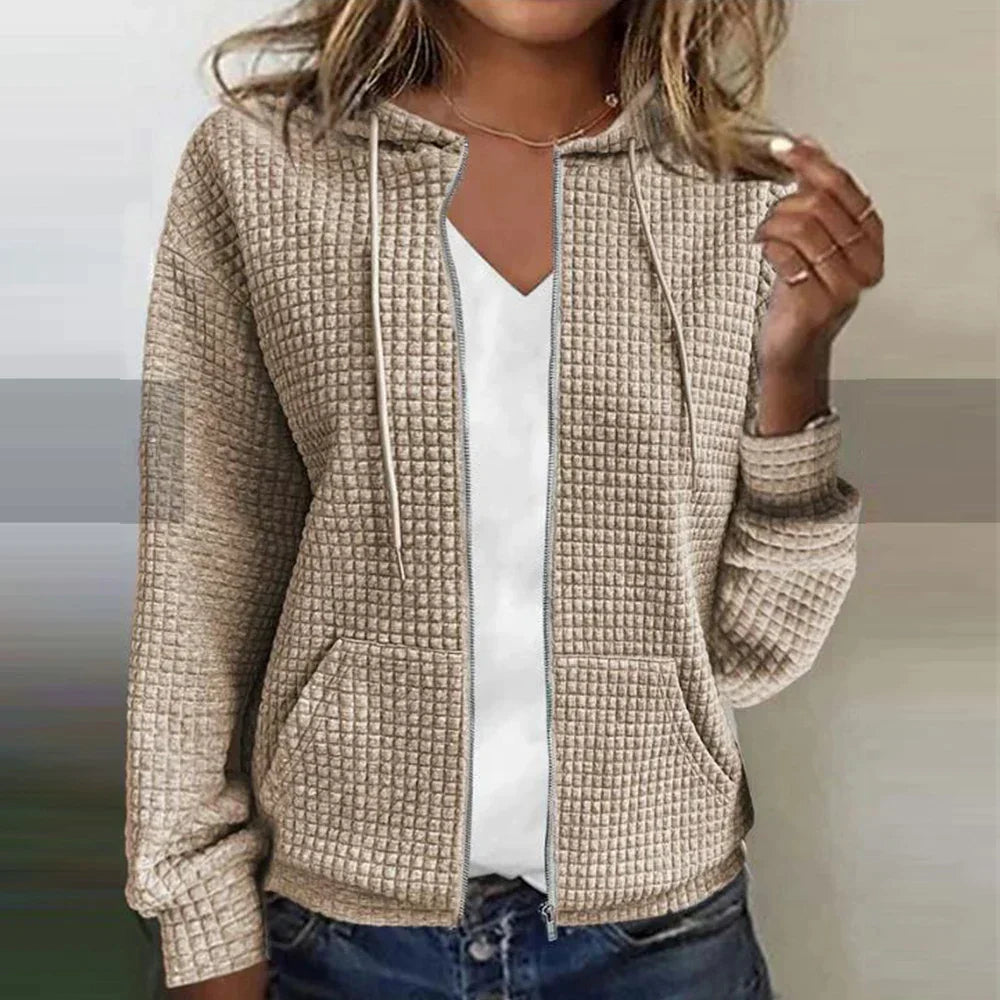 Stylish women's zip-up comfort jacket, ideal for spring & fall layering. Cozy long-sleeve casual outerwear.