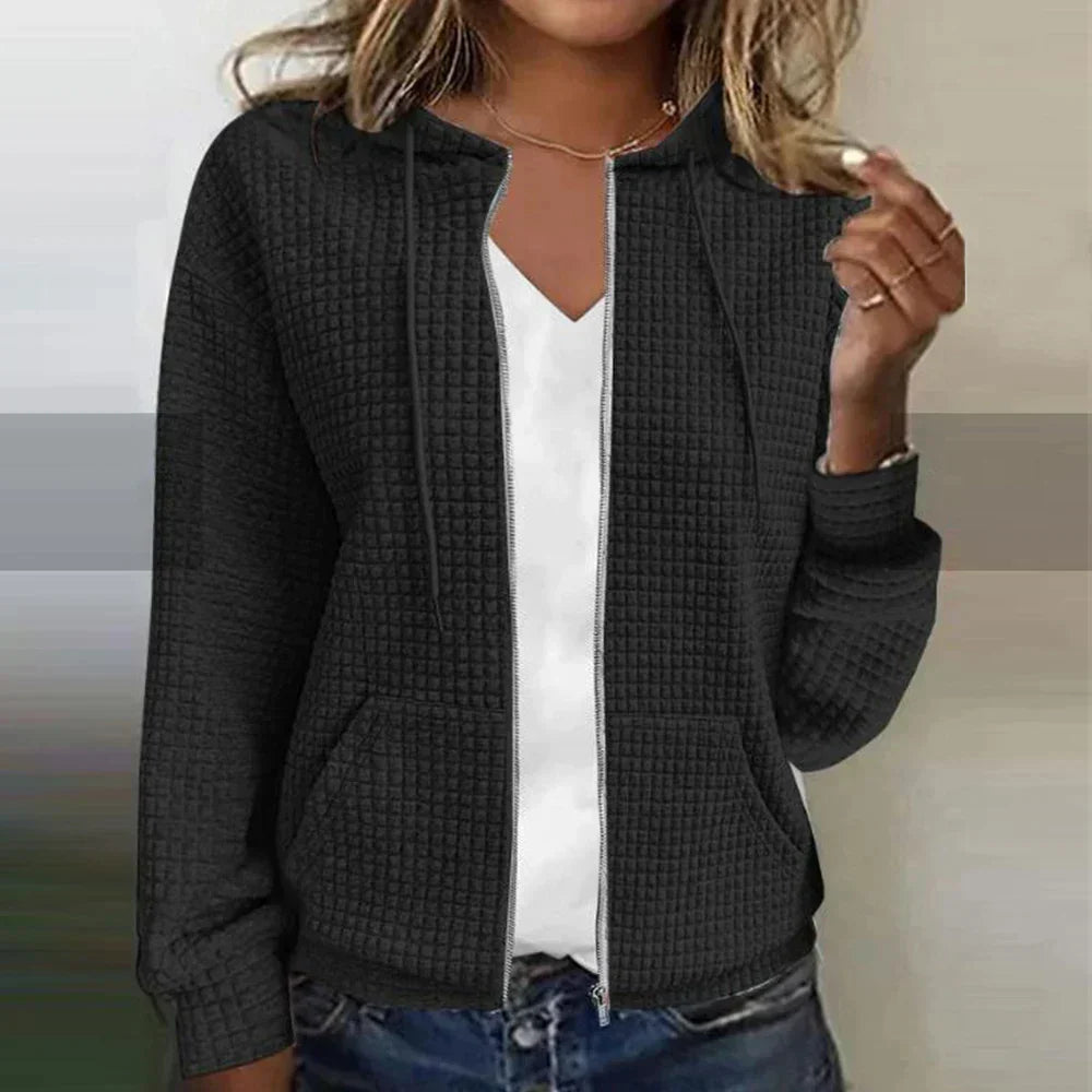 Women's casual zip-front comfort jacket, a cozy long-sleeve layering piece for everyday wear in spring & fall.