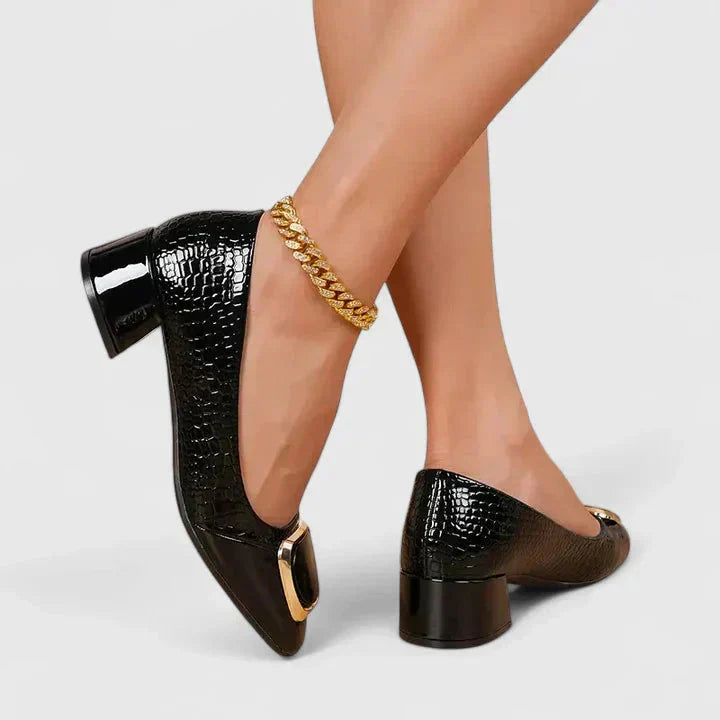 Elegant women's croc embossed loafers, features a sleek block heel & polished gold buckle. Office shoes.